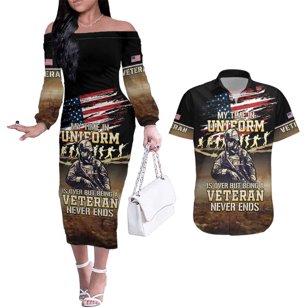 United States Veterans Day Couples Matching Off The Shoulder Long Sleeve Dress and Hawaiian Shirt Thank You Veterans Proud US Flag LT05 - Wonder Print Shop