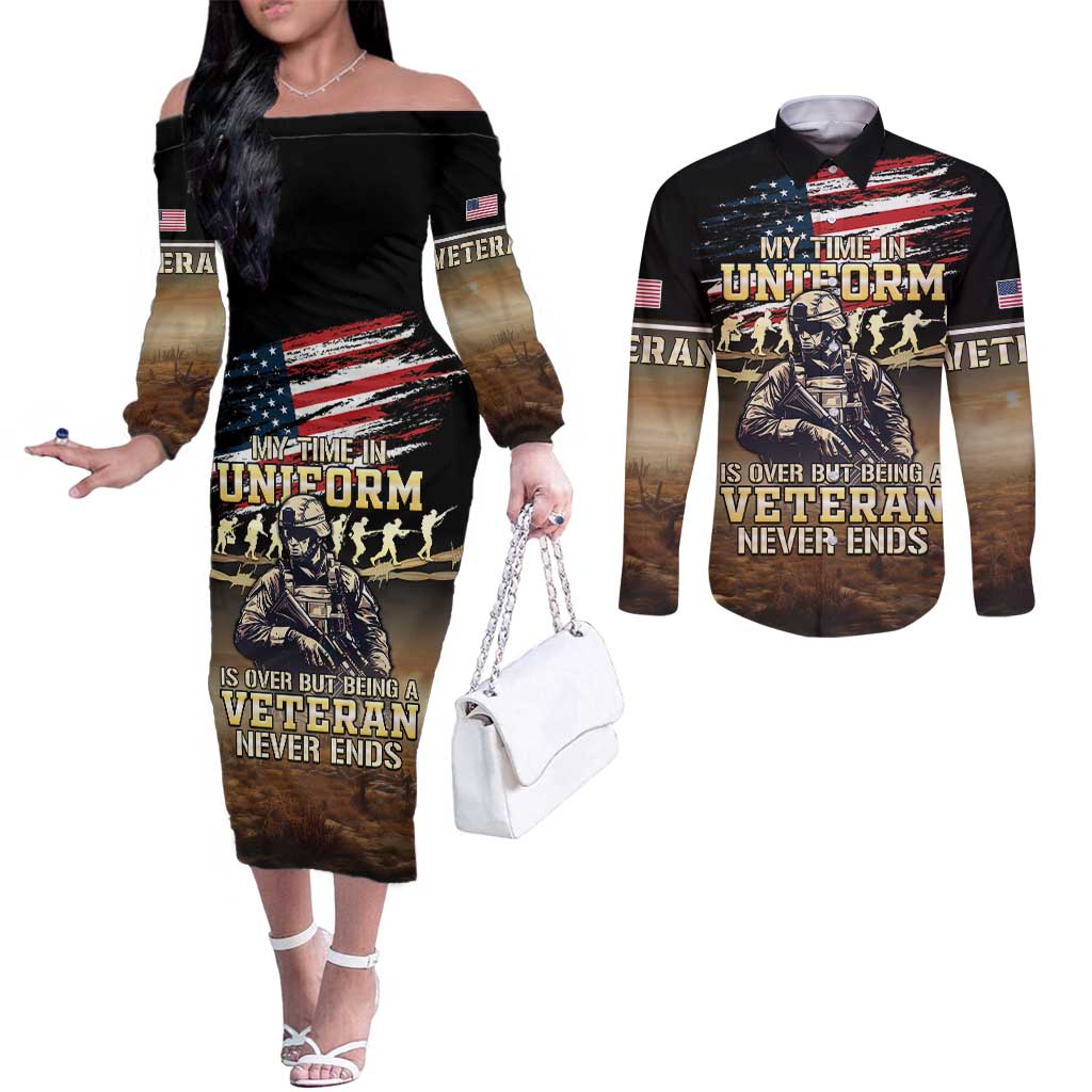 United States Veterans Day Couples Matching Off The Shoulder Long Sleeve Dress and Long Sleeve Button Shirt Thank You Veterans Proud US Flag