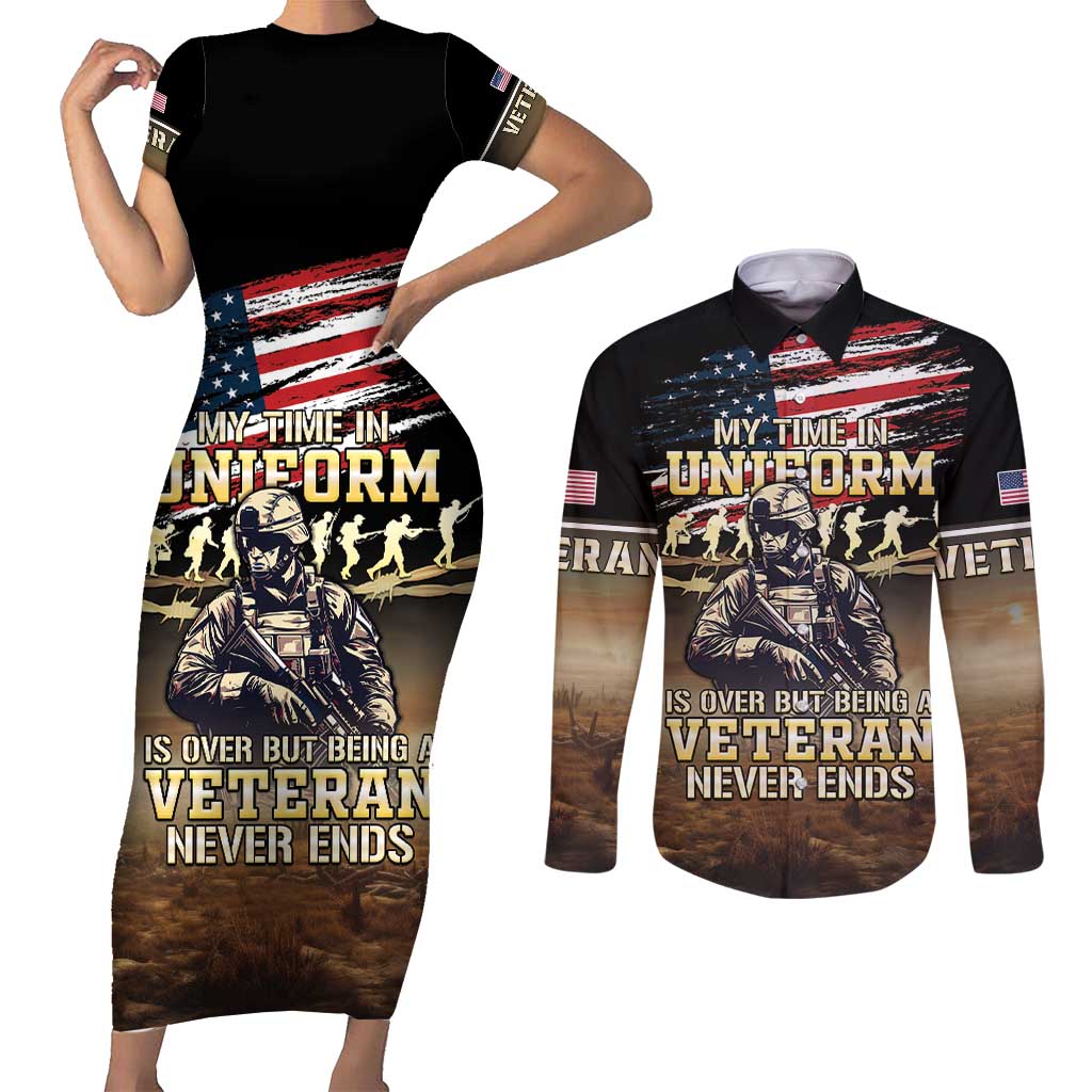 United States Veterans Day Couples Matching Short Sleeve Bodycon Dress and Long Sleeve Button Shirt Thank You Veterans Proud US Flag LT05 - Wonder Print Shop