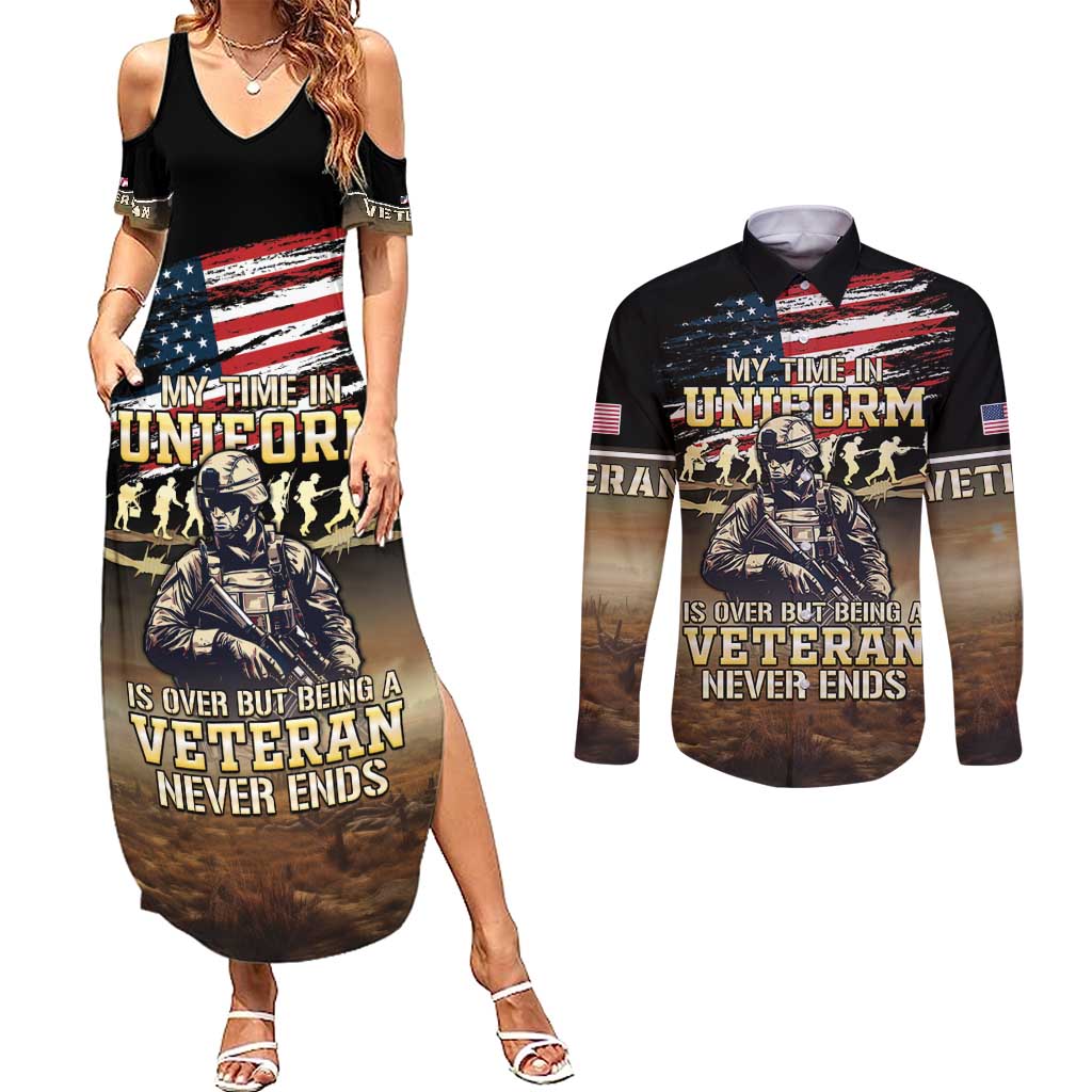 United States Veterans Day Couples Matching Summer Maxi Dress and Long Sleeve Button Shirt Thank You Veterans Proud US Flag LT05 - Wonder Print Shop