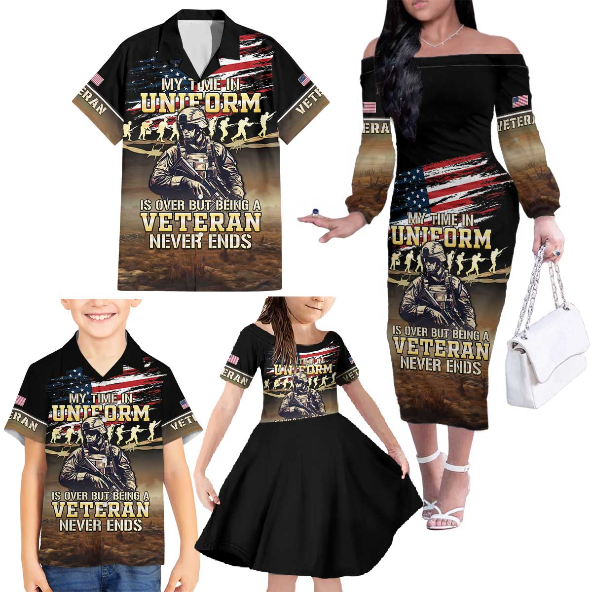 United States Veterans Day Family Matching Off The Shoulder Long Sleeve Dress and Hawaiian Shirt Thank You Veterans Proud US Flag LT05 - Wonder Print Shop