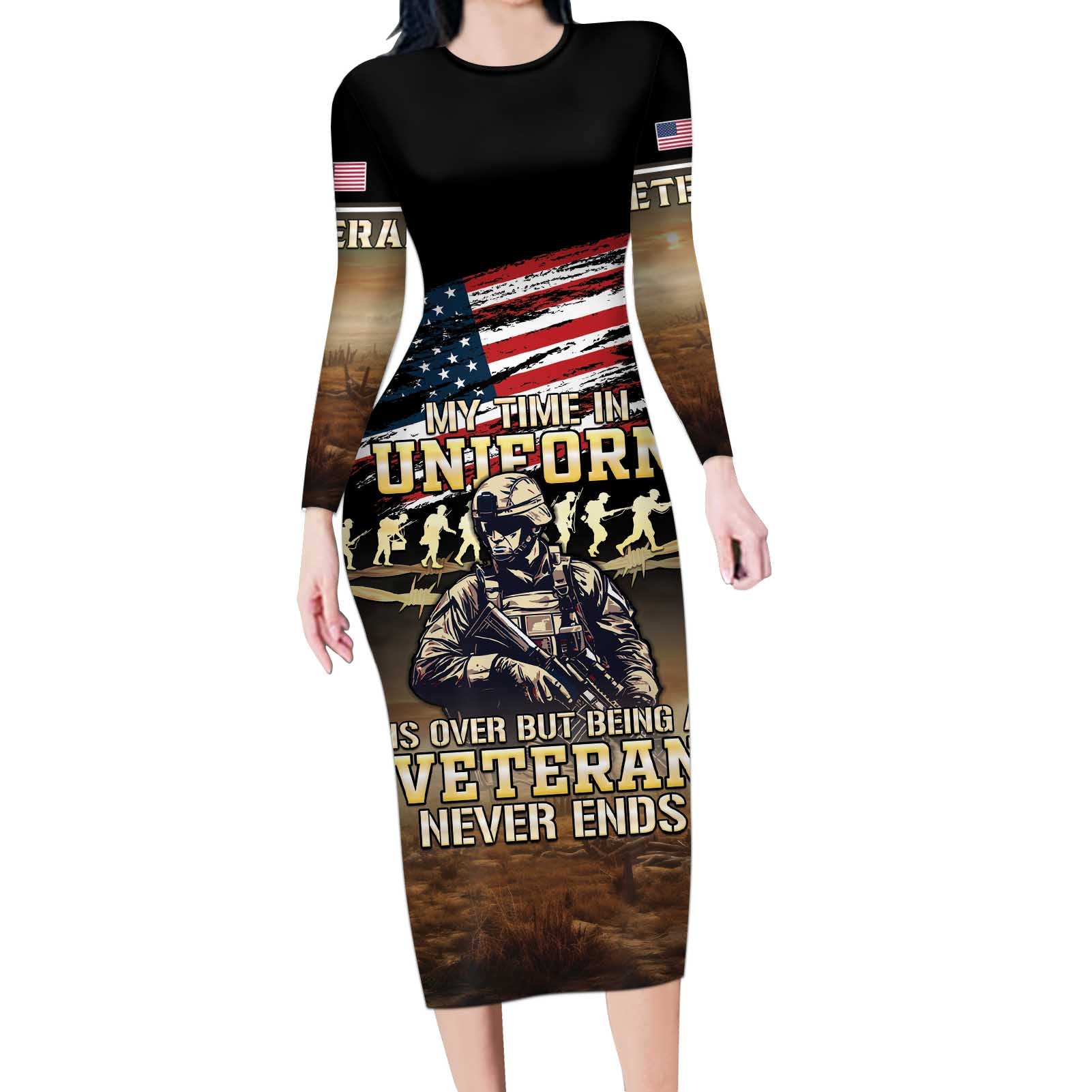 United States Veterans Day Long Sleeve Bodycon Dress Thank You Veterans Proud US Flag LT05 - Wonder Print Shop