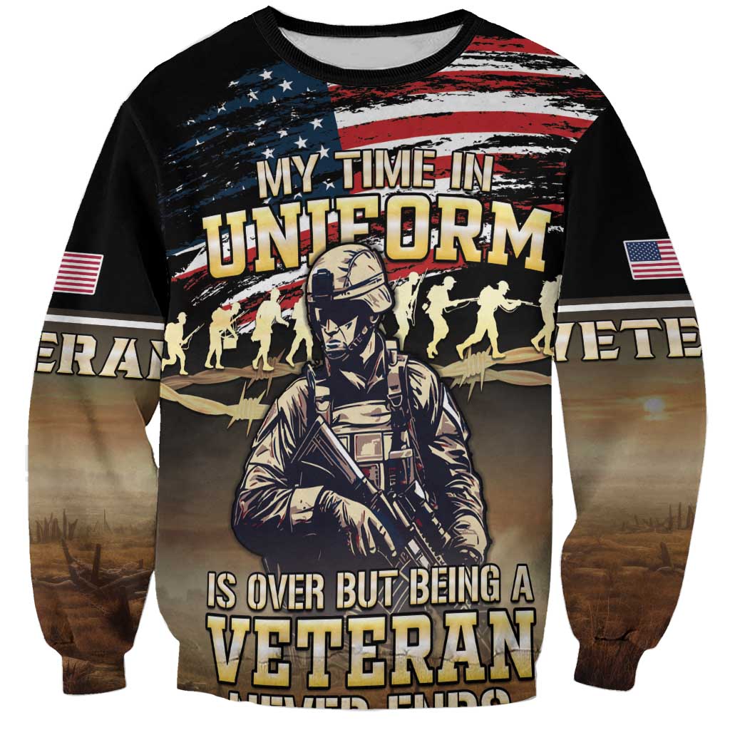 Unisex black sweatshirt with veterans flag and “My Time in Uniform” graphic