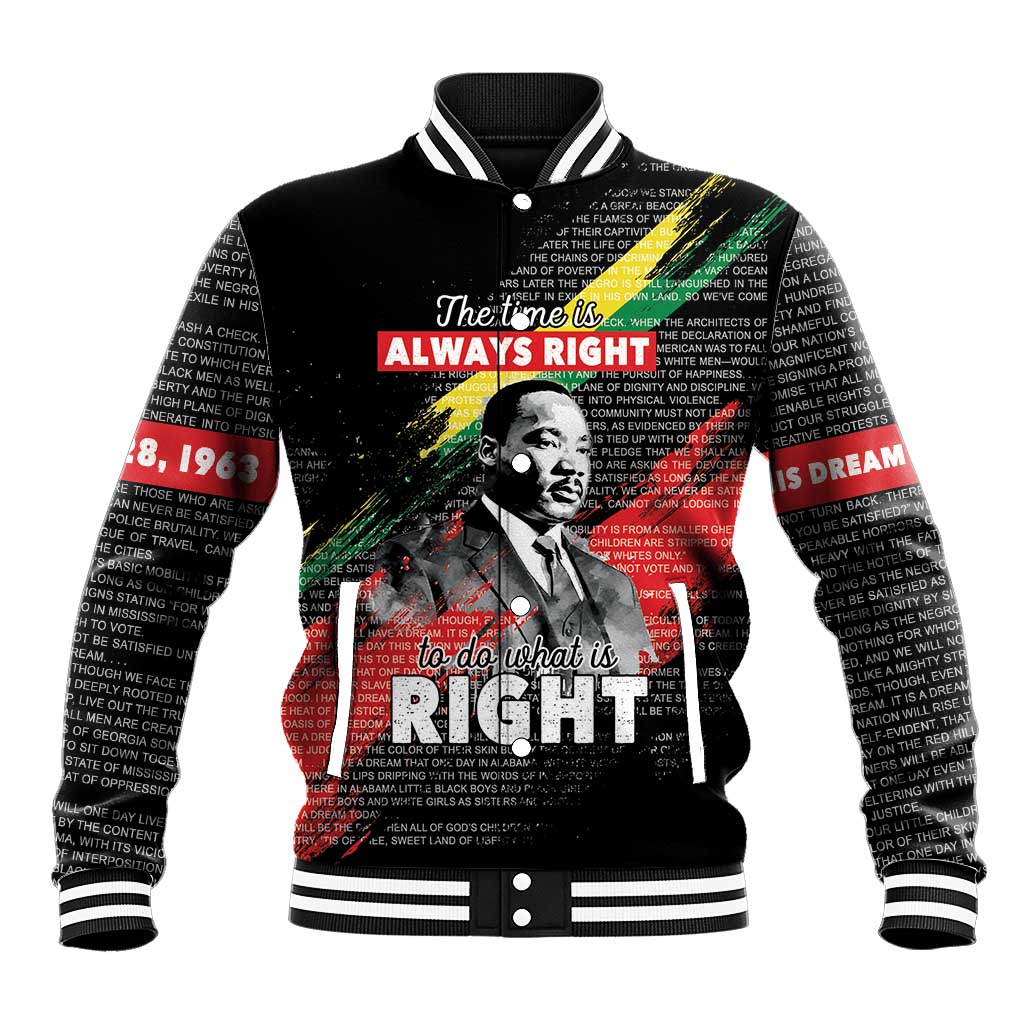 Black baseball jacket with ribbed striped collar and front MLK graphic print
