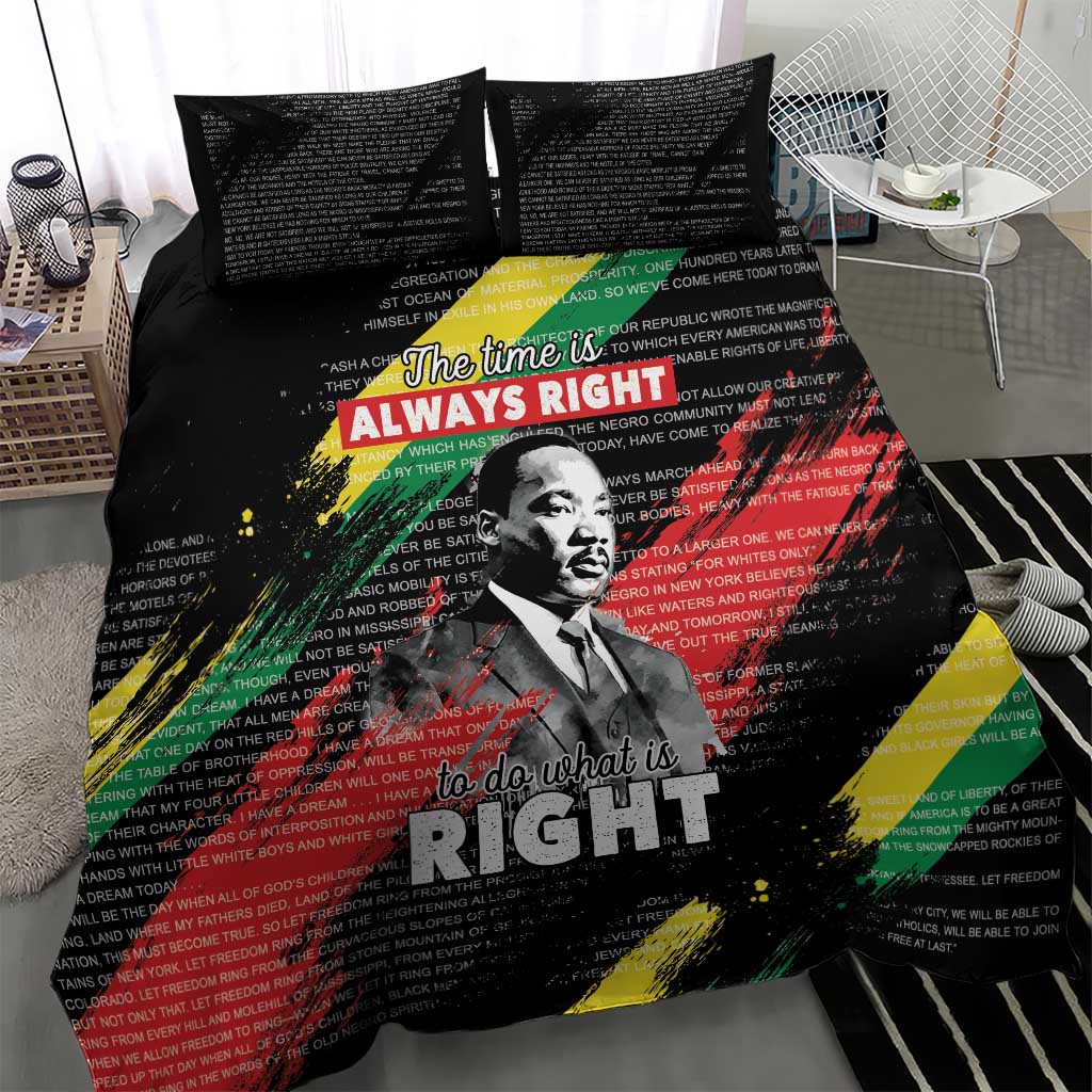 Black comforter with MLK portrait and “do what is RIGHT” text, two matching pillow shams