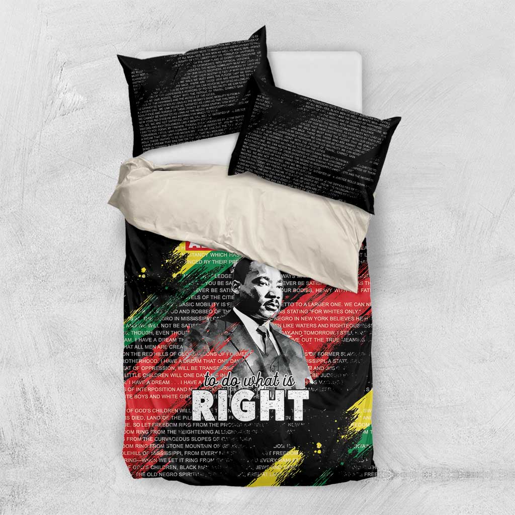 Black duvet and two pillow shams featuring MLK portrait and “do what is RIGHT” text