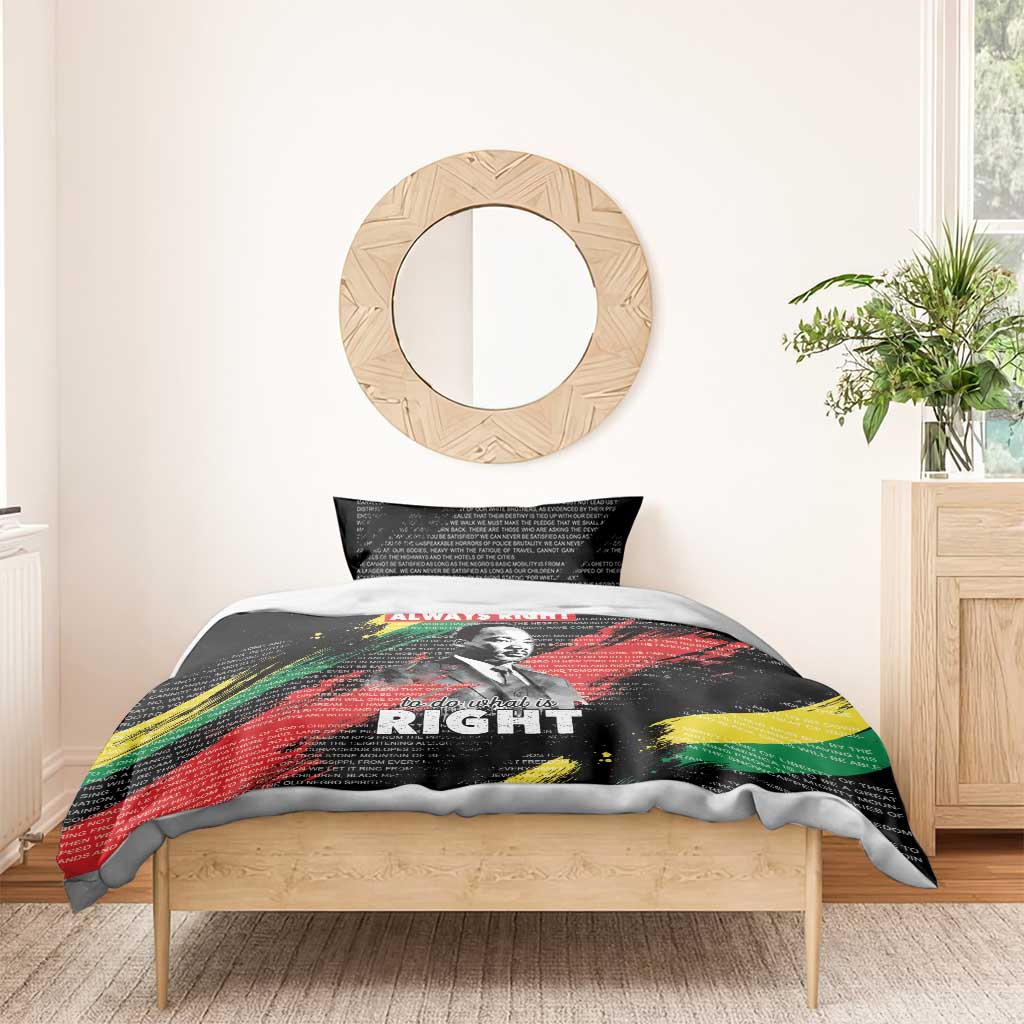 Black bedding set on bed with MLK portrait, “ALWAYS RIGHT” text, two matching pillow shams