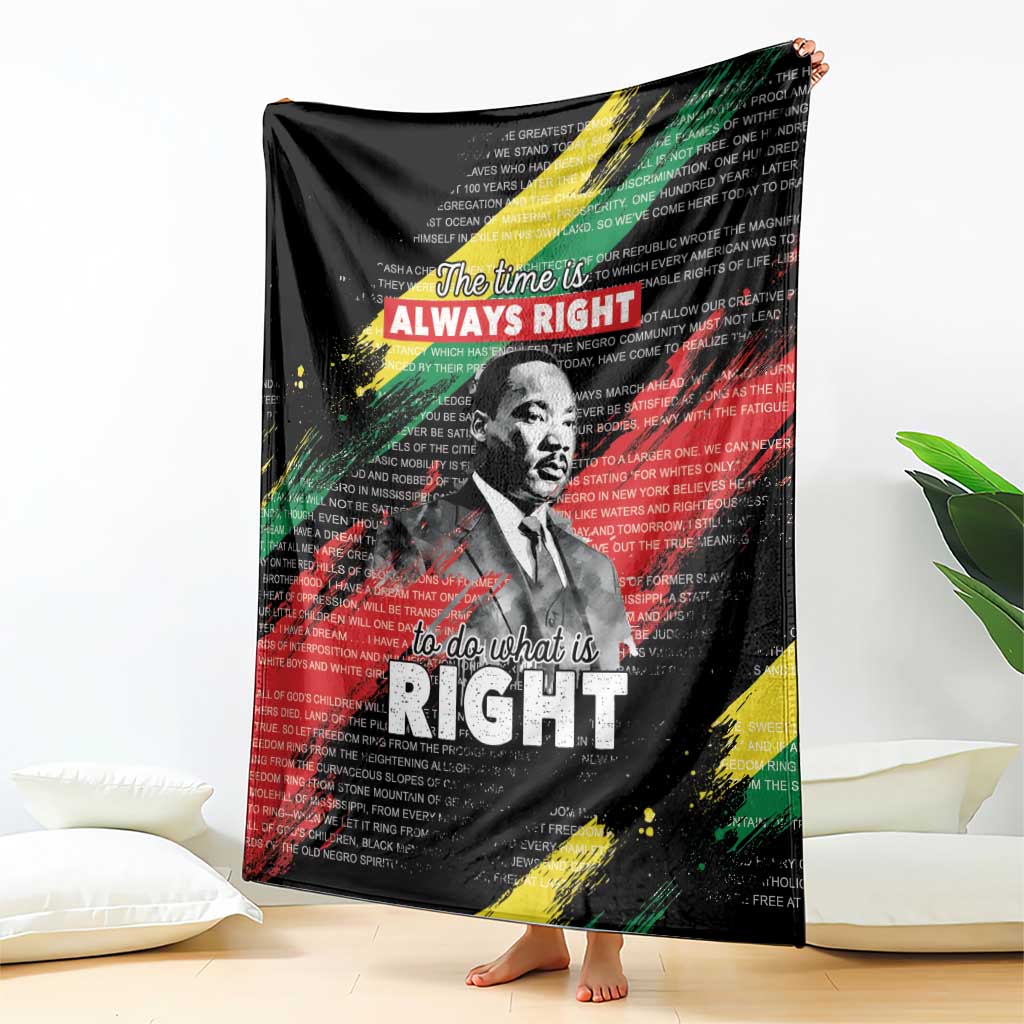 Black MLK legacy blanket featuring Martin Luther King Jr portrait, “ALWAYS RIGHT” and “RIGHT”