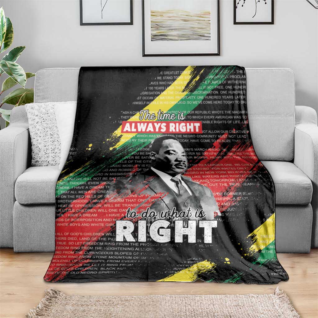 Black MLK legacy blanket draped over couch with MLK portrait and bold “RIGHT” lettering