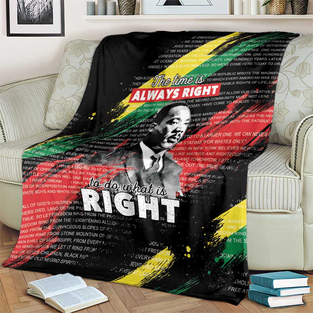 Black MLK legacy blanket with multicolor strokes, Martin Luther King Jr portrait, “RIGHT”