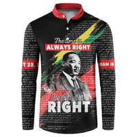 Black button sweatshirt with red collar, MLK portrait and bold “ALWAYS RIGHT” graphic