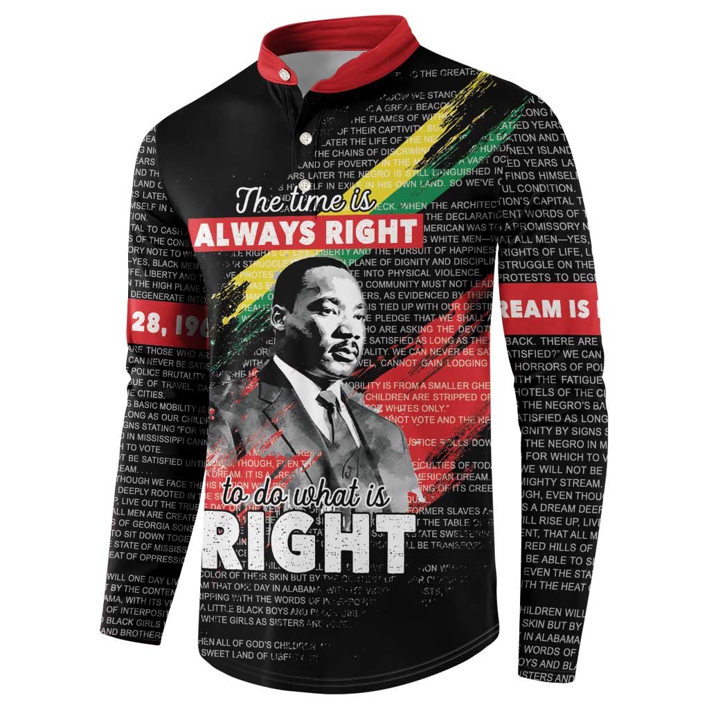 Black button sweatshirt with red collar, MLK portrait and “The time is / ALWAYS RIGHT” text