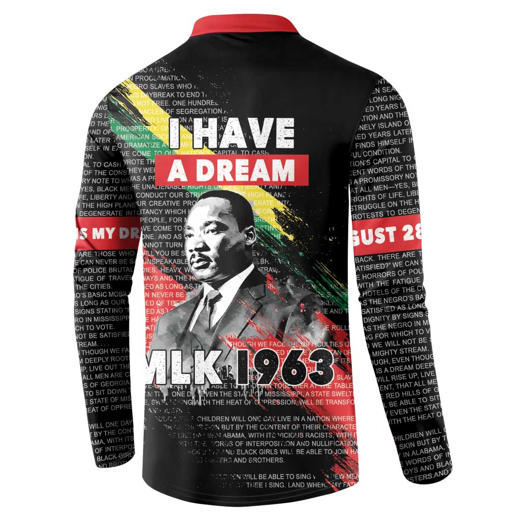 Black button sweatshirt with red collar, back graphic “I HAVE A DREAM” and “MLK 1963”