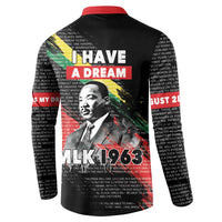 Black button sweatshirt with red collar, back graphic “I HAVE A DREAM” and “MLK 1963”