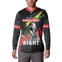 Black button sweatshirt with red collar and large MLK portrait “to do what is RIGHT”