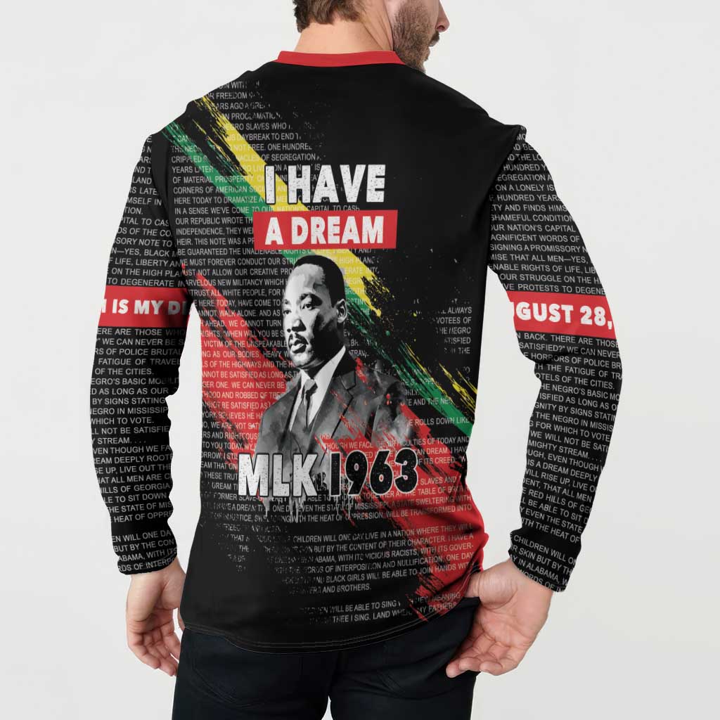Black button sweatshirt with red collar, back “I HAVE A DREAM” graphic with MLK 1963