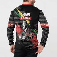 Black button sweatshirt with red collar, back “I HAVE A DREAM” graphic with MLK 1963