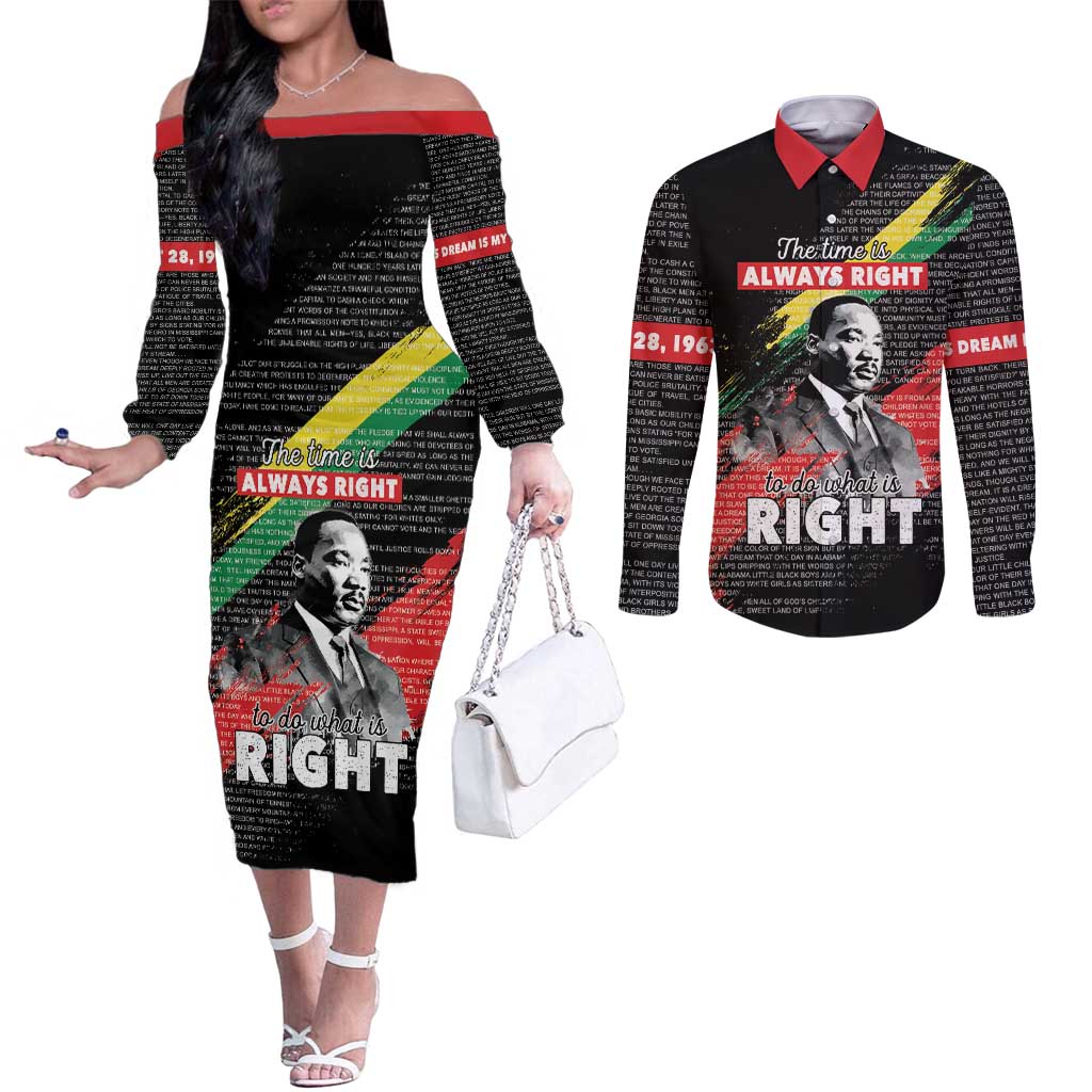 MLK Honoring The Legacy Couples Matching Off The Shoulder Long Sleeve Dress and Long Sleeve Button Shirt Black Version