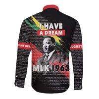 Black long-sleeve button shirt with red collar, MLK1963 portrait and I Have a Dream text