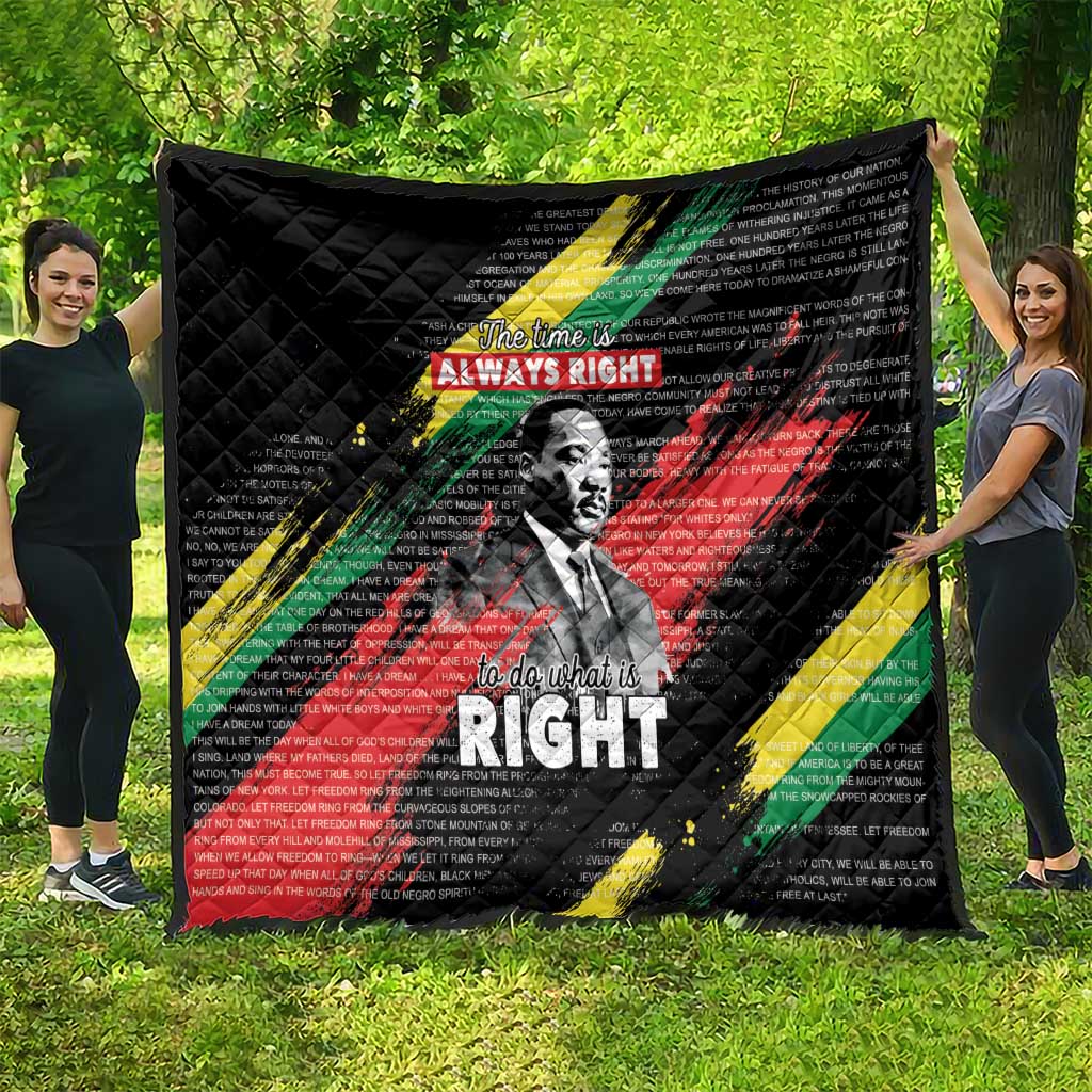 Black MLK quilt with diamond quilting, MLK portrait, and multicolor diagonal graphic stripes