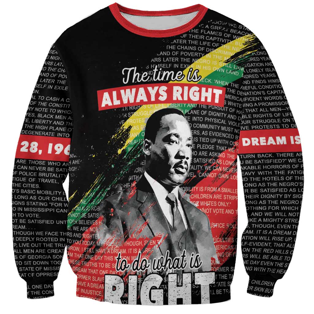Black unisex sweatshirt with red crew neck, front MLK collage and quote text