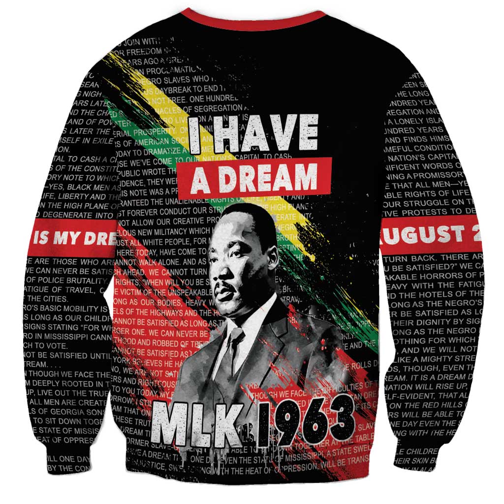 Black unisex sweatshirt with red crew neck, I Have a Dream text and MLK portrait