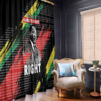 Black window curtain with MLK portrait and “ALWAYS RIGHT” text, multicolor diagonal stripes