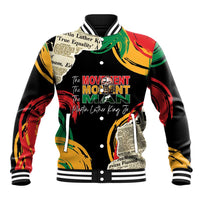 Black unisex varsity baseball jacket with striped collar, button front, and MLK graphic