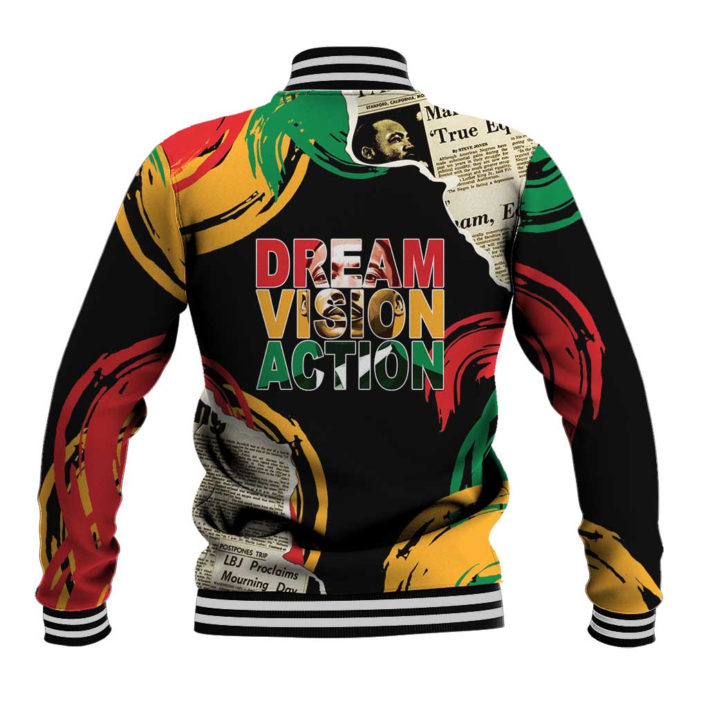 Black unisex baseball jacket back with striped rib collar and DREAM VISION ACTION print