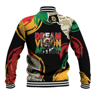 Black unisex baseball jacket back with striped rib collar and DREAM VISION ACTION print