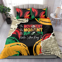 Black duvet cover and pillow set with red, green, and yellow Martin Luther King Jr artwork