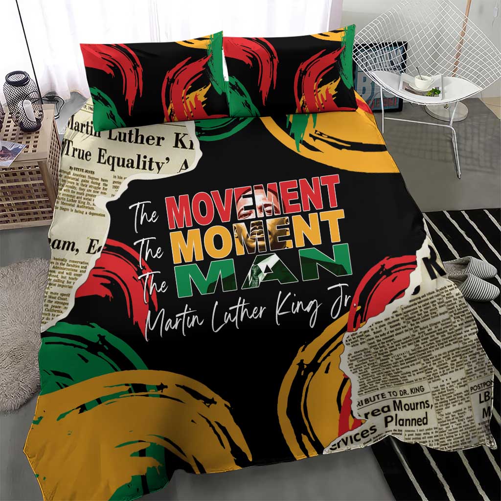 Black bedding set showing centered “The MOVEMENT The MOMENT The MAN” graphic with quotes