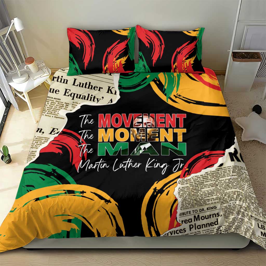 Black duvet and pillow set with red, green, and yellow abstract portrait-style design
