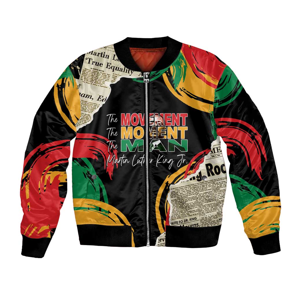 Black unisex bomber jacket with multicolor graphic panels, front zipper, ribbed cuffs