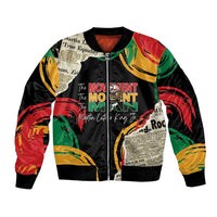 Black unisex bomber jacket with multicolor graphic panels, front zipper, ribbed cuffs