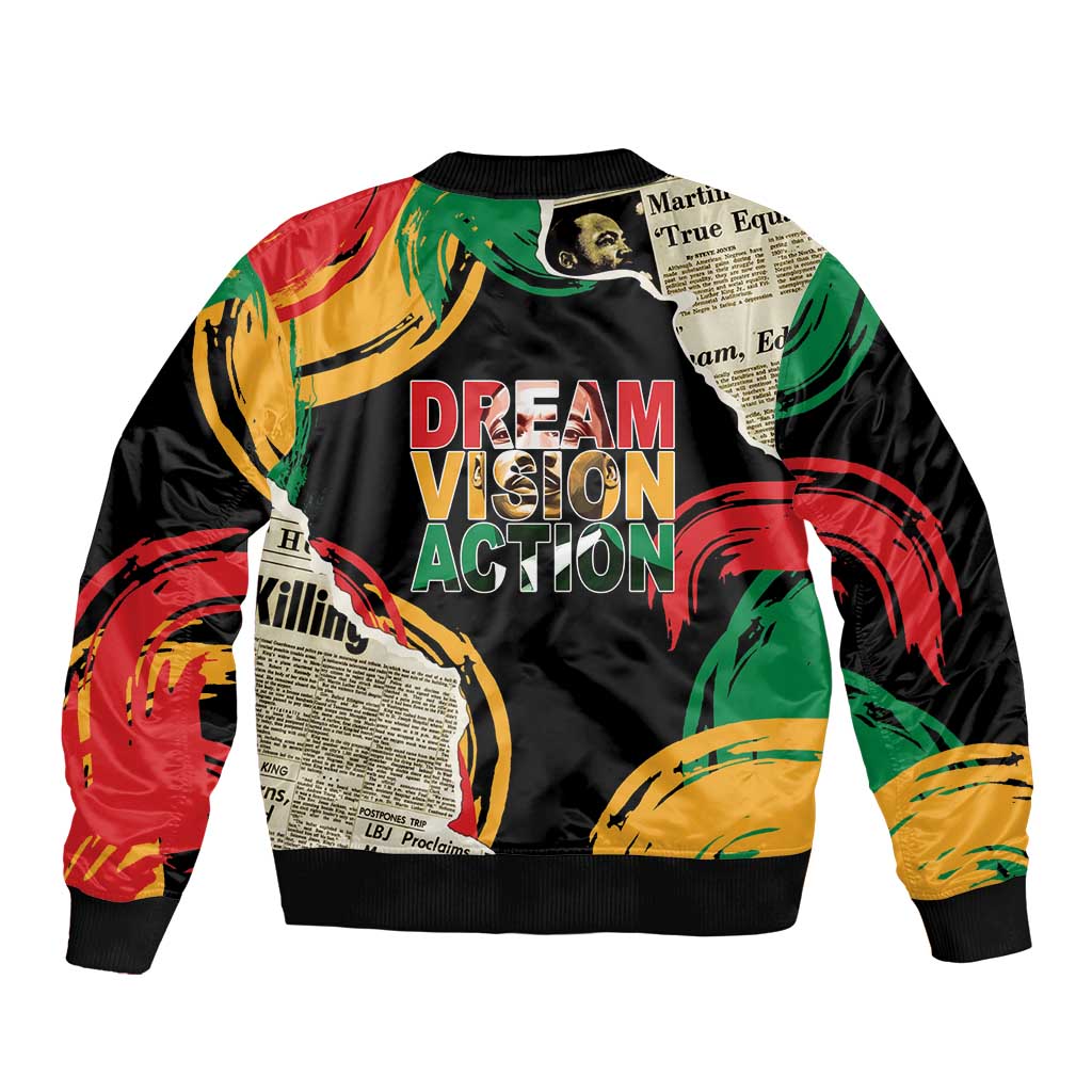 Black unisex bomber jacket with red green yellow 'Dream Vision Action' graphic, zipper front