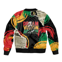 Black unisex bomber jacket with red green yellow 'Dream Vision Action' graphic, zipper front