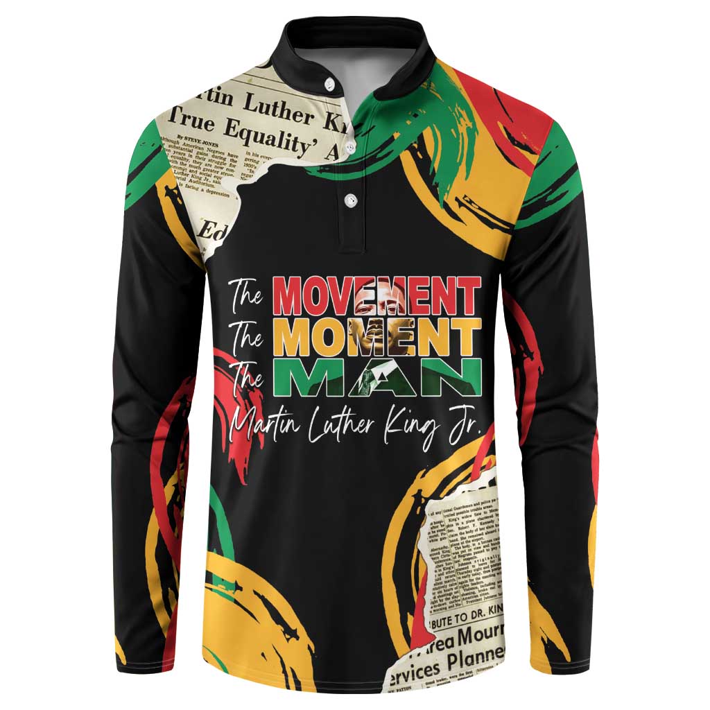 Black button sweatshirt with colorful MLK-style collage front graphic