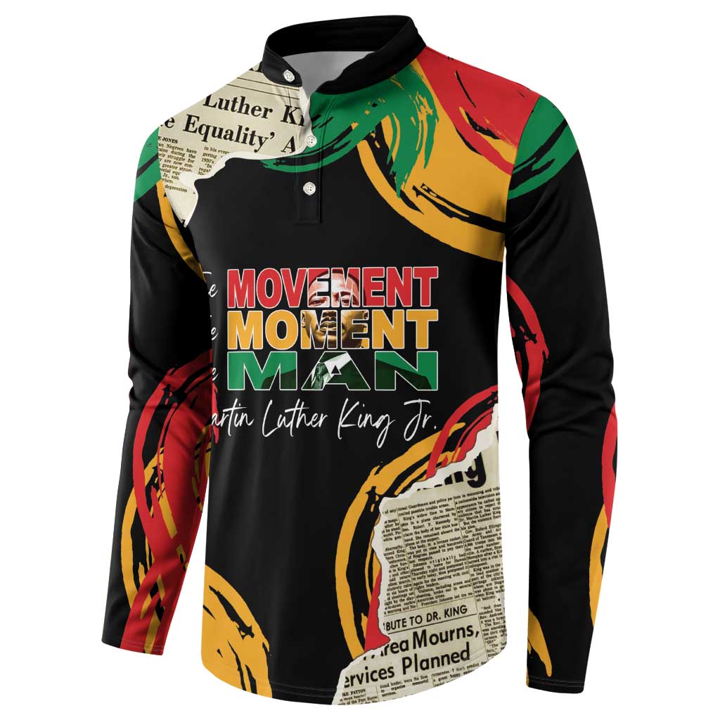 Black long-sleeve button sweatshirt with centered “Movement Moment Man” text graphic