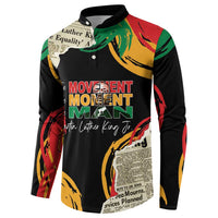 Black long-sleeve button sweatshirt with centered “Movement Moment Man” text graphic