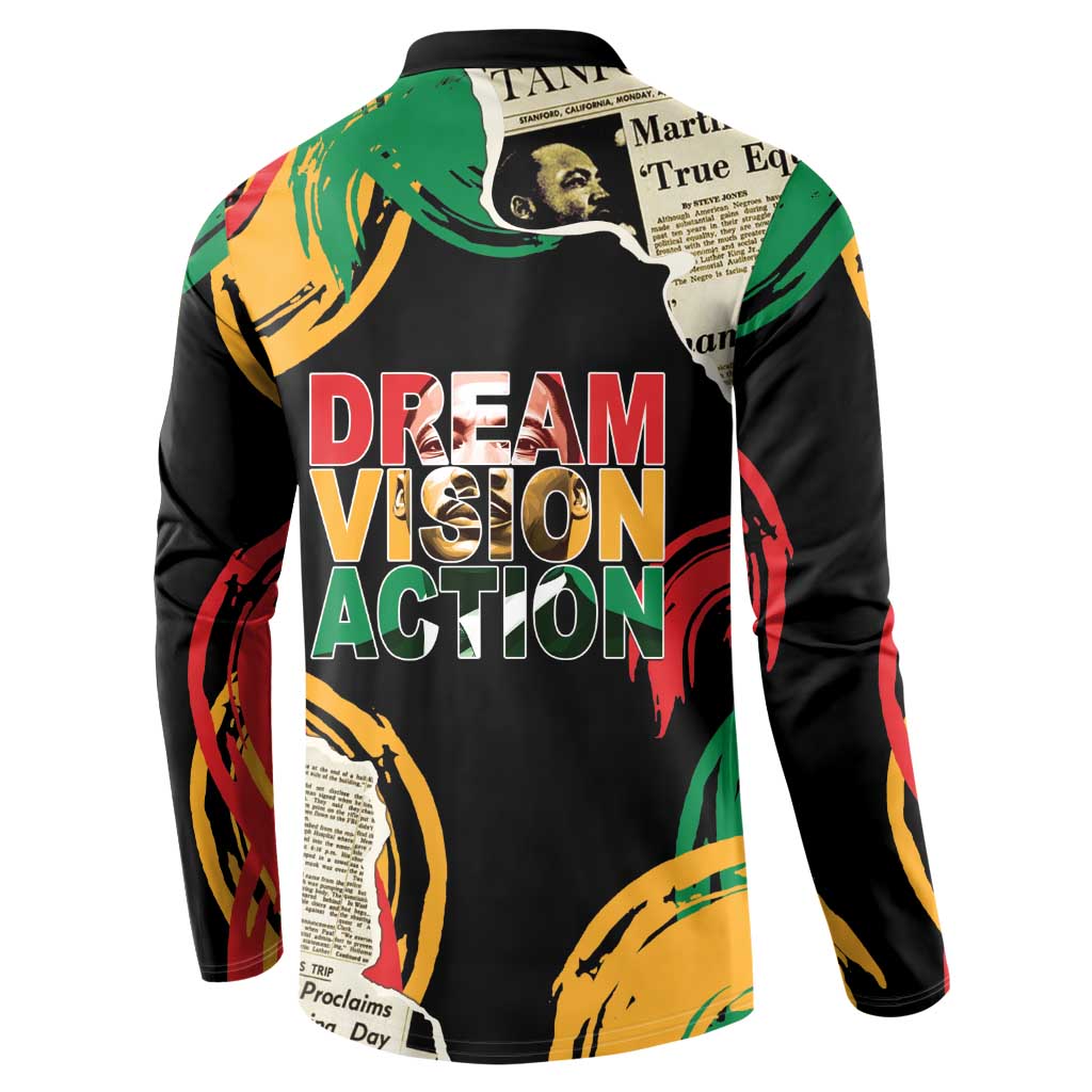 Black button sweatshirt with “Dream Vision Action” graphic on back