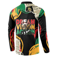 Black button sweatshirt with “Dream Vision Action” graphic on back