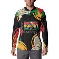 Black long-sleeve button sweatshirt with multicolor collage and “Movement Moment Man” text