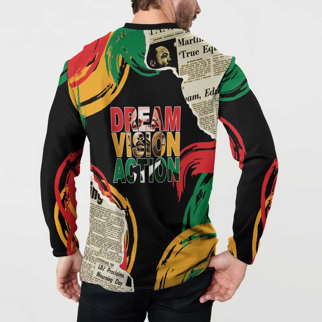 Black button sweatshirt with “Dream Vision Action” and collage text on back