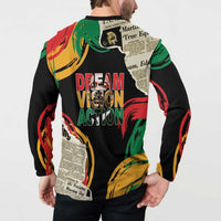 Black button sweatshirt with “Dream Vision Action” and collage text on back