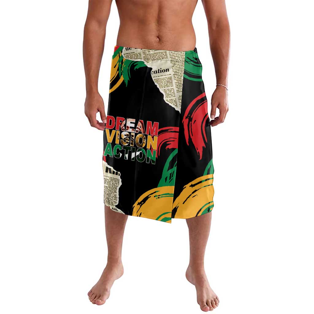 Black lava lava sarong with multicolor graphic print and text, knee-length