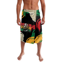 Black lava lava sarong with multicolor graphic print and text, knee-length
