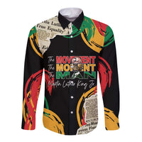 Black long-sleeve button shirt with colorful MLK-style graphic and front buttons