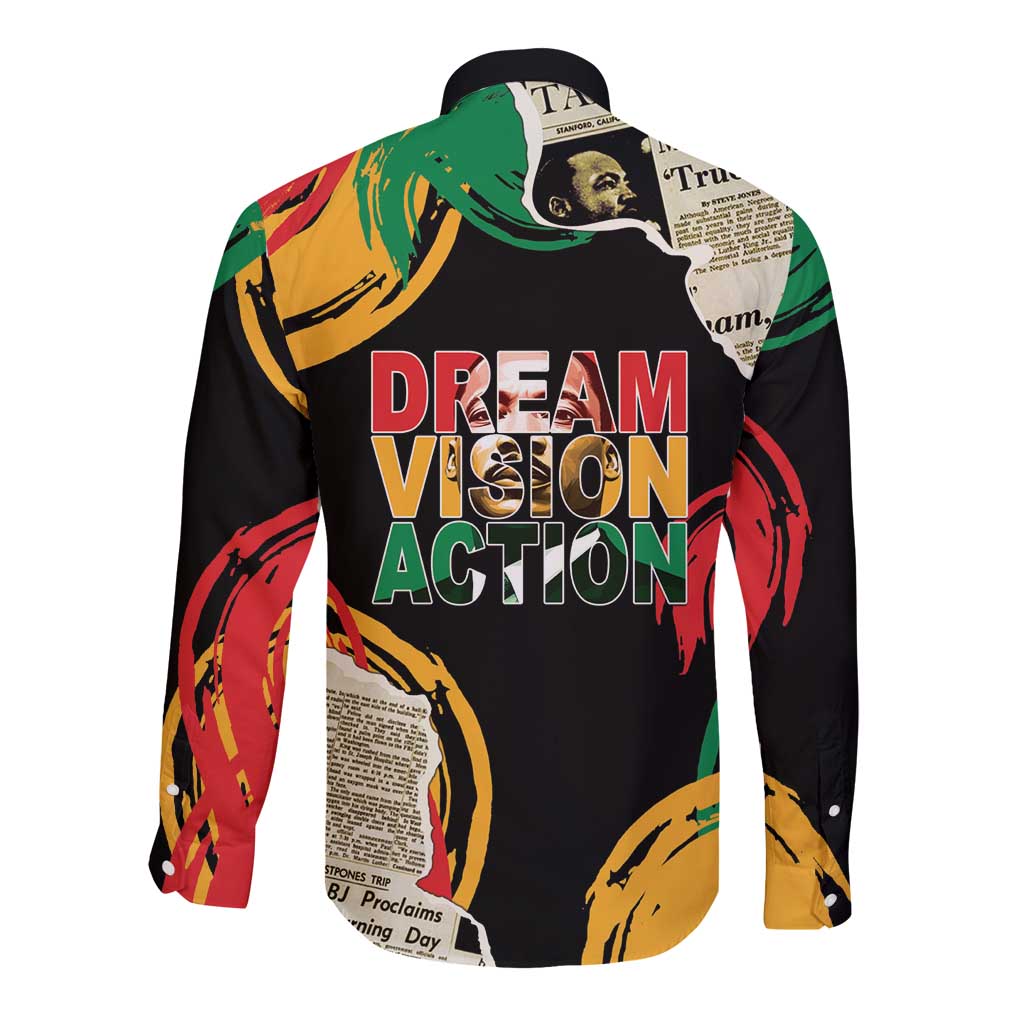 Black long-sleeve button shirt with back graphic text reading “Dream Vision Action”