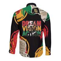 Black long-sleeve button shirt with back graphic text reading “Dream Vision Action”
